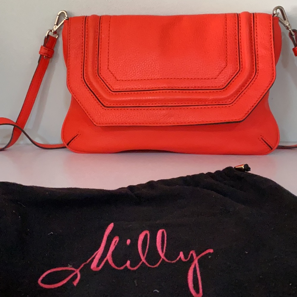 MILLY Leather Envelope neon bright orange clutch  Shoulder Bag